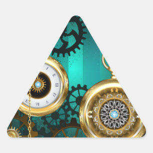 Pegatina Triangular Joyería Steampunk Reloj en un fondo verde