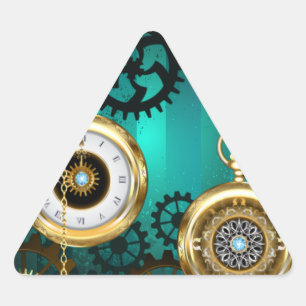 Pegatina Triangular Joyería Steampunk Reloj en un Fondo Verde