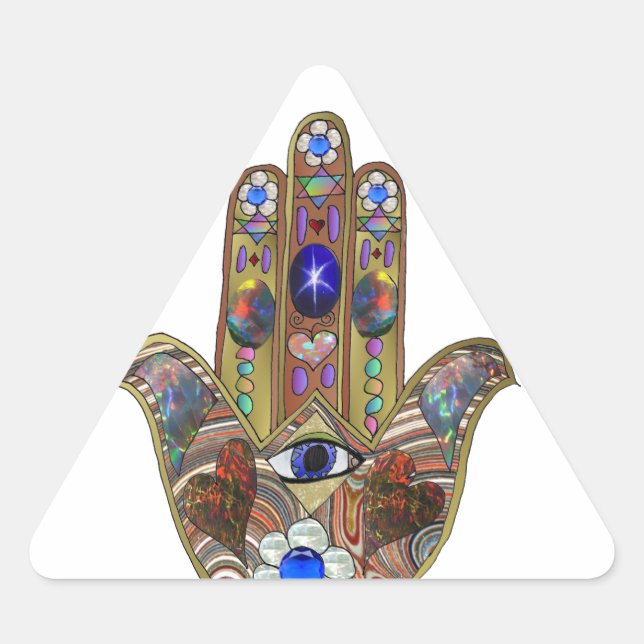 Pegatina Triangular Judaica Hamsa Hearts Flowers Opal Art Print (Anverso)
