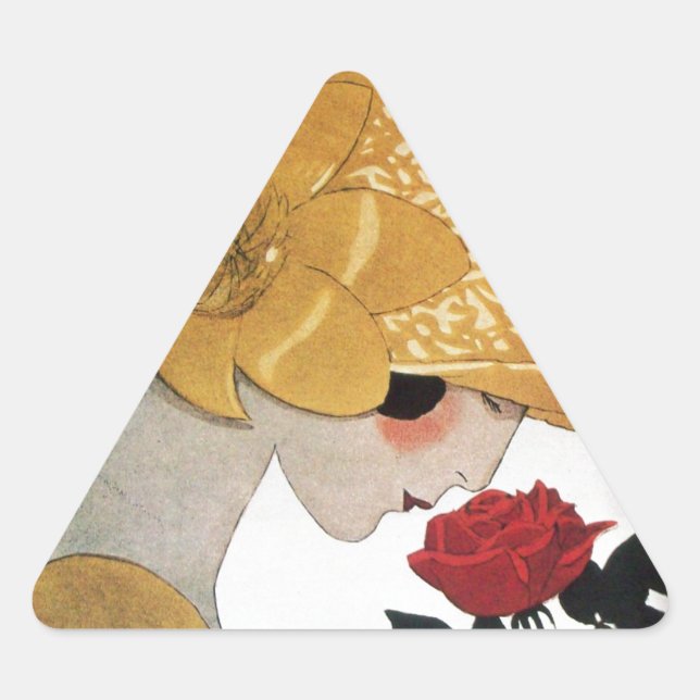 PEGATINA TRIANGULAR LADY CON ROSA ROJA (Anverso)