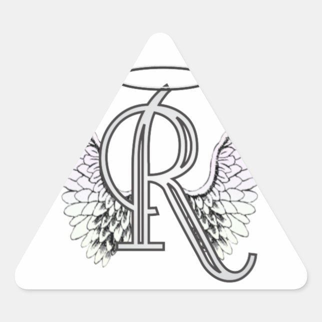 Pegatina Triangular Letra R Monograma inicial con Angel Wings & Halo (Anverso)