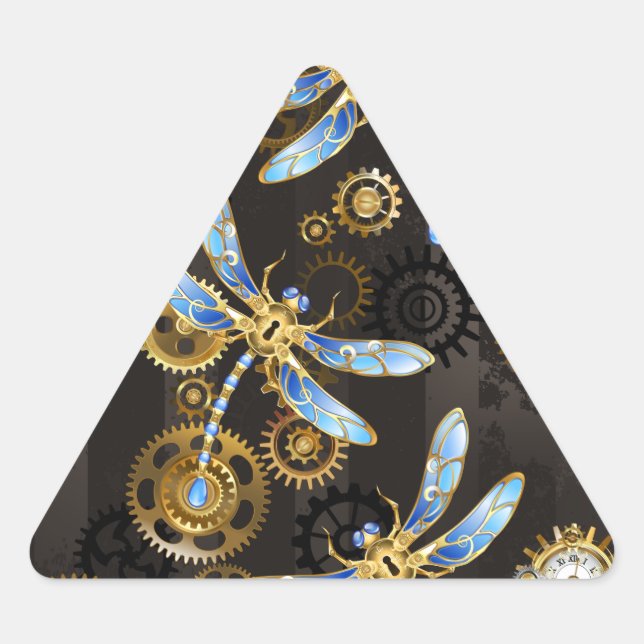 Pegatina Triangular Libélulas Steampunk sobre fondo rayado marrón (Anverso)