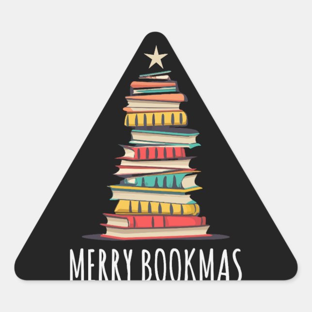 Pegatina Triangular Libros del Árbol de Navidad Merry Bookmas (Anverso)
