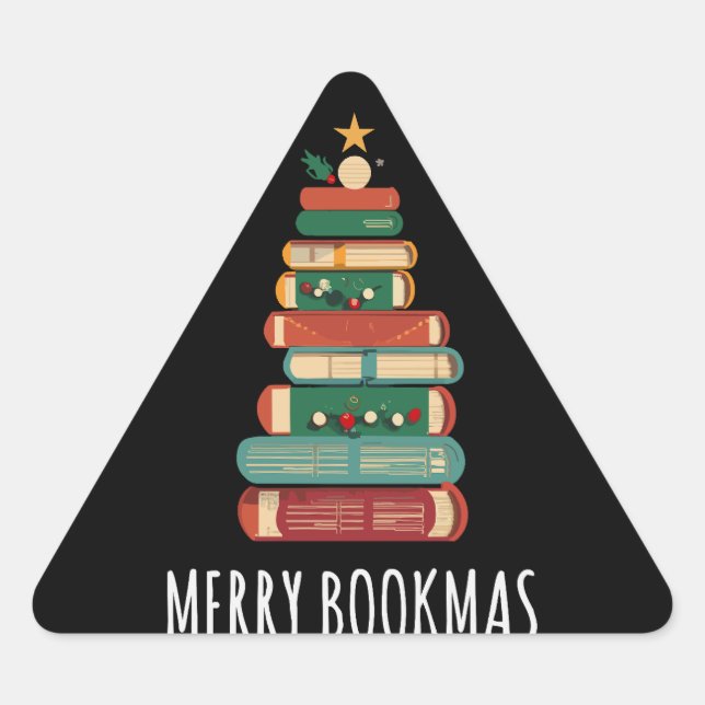 Pegatina Triangular Libros del Árbol de Navidad Merry Bookmas (Anverso)