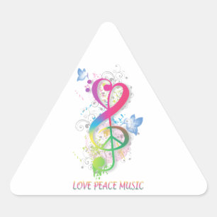 Pegatina Triangular Love Peace Music Splatter swift flores pájaros