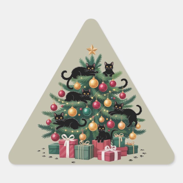 Pegatina Triangular Luces de Navidad de Gatos Negros Amante de Gatos Á (Anverso)