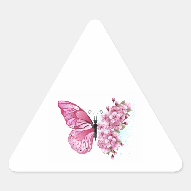Pegatina Triangular Mariposa de flores con Sakura rosa (Anverso)