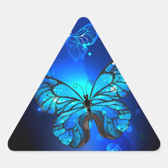 Pegatina Triangular Mariposa morfo en el fondo oscuro (Anverso)