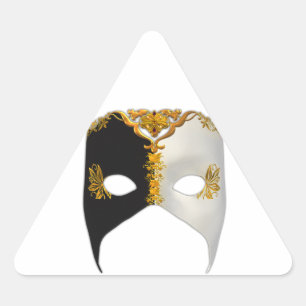 Pegatina Triangular Masque veneciano: Negro, blanco y oro