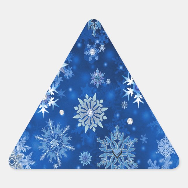 Pegatina Triangular Navidades Copos de nieve azules y plateados (Anverso)