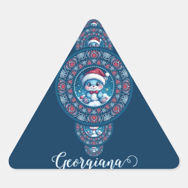 Pegatina Triangular Nombre personalizado Holiday Kawaii Oso Ornamental (Anverso)