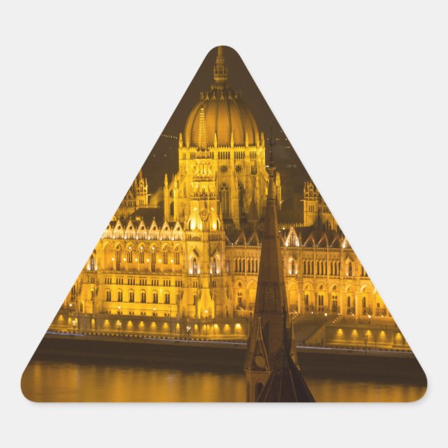 Pegatina Triangular Parlamento húngaro Budapest por noche (Anverso)