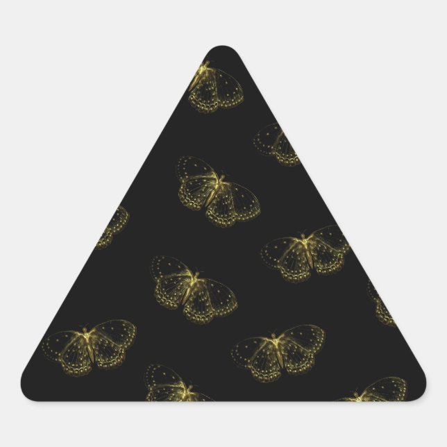 Pegatina Triangular Patrón De Mariposas Metálicas De Oro En Negro (Anverso)