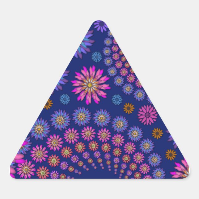 Pegatina Triangular Patrón Floral Rosa Púrpura Azul sobre Azul (Anverso)