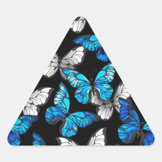 Pegatina Triangular Patrón oscuro sin costuras con mariposas azules Mo (Anverso)