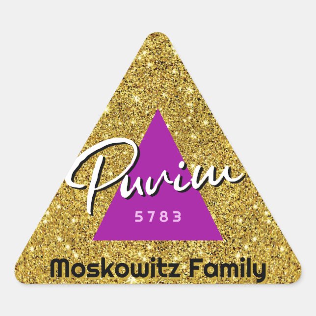Pegatina Triangular Personalizado Happy Purim Faux Purpurina Hamentash (Anverso)