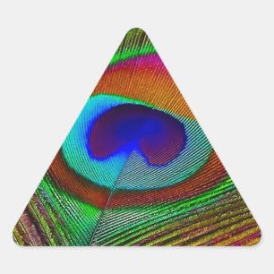 Pegatina Triangular Pluma de pavo real de cobre vibrante