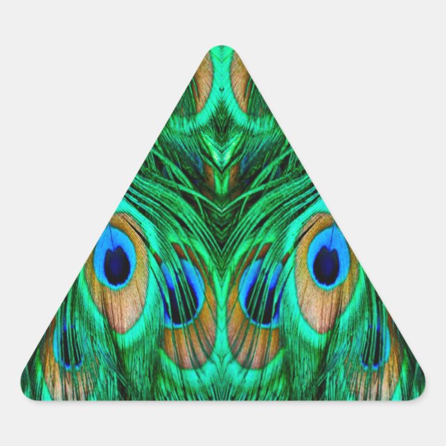 Pegatina Triangular Plumas de Pavo Real Gloriosas (Anverso)