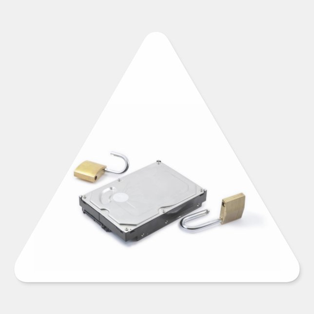 Pegatina Triangular Protección contra disco duro rota en fondo blanco (Anverso)