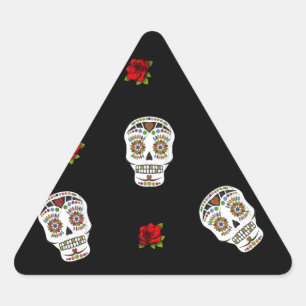 Pegatina Triangular RAB Rockabilly Sugar Skulls Rosas en negro