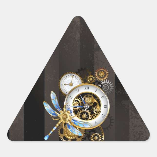 Pegatina Triangular Reloj de vapor con libélula mecánica (Anverso)