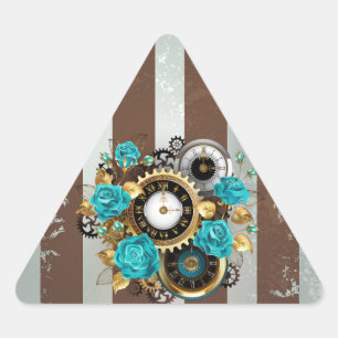 Pegatina Triangular Reloj de vapor y Rosas turquesa a rayas