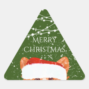 Pegatina Triangular Santa Naranja Corgi Merry Christmas