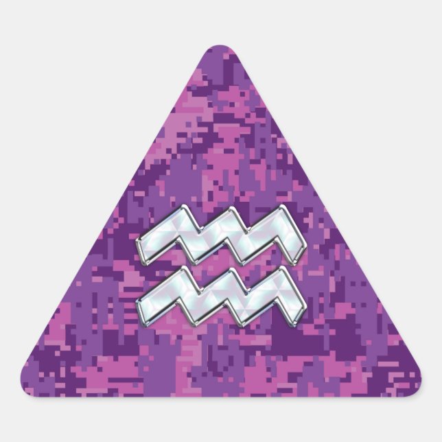 Pegatina Triangular Símbolo acuario zodiaco en camuflaje digital rosad (Anverso)
