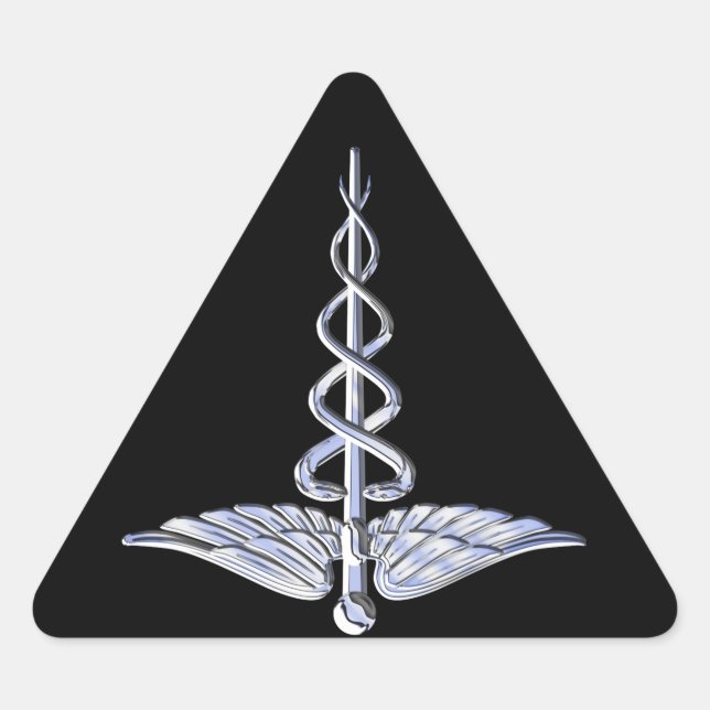 Pegatina Triangular Símbolo médico de Caduceus sobre negro (Anverso)