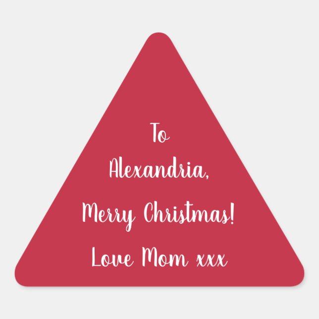 Pegatina Triangular Simple Merry Christmas from Mom Red and White (Anverso)