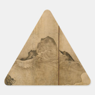 Pegatina Triangular Tinta japonesa en papel Gibbons Primates y paisaje