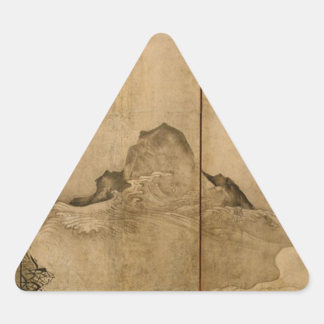 Pegatina Triangular Tinta japonesa en papel Gibbons Primates y paisaje (Anverso)