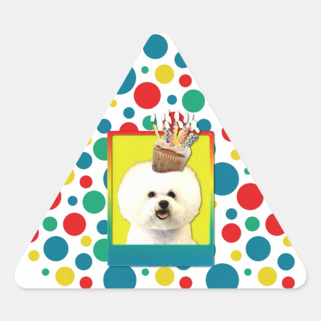 Pegatina Triangular Torta de cumpleaños - Bichon Frise (Anverso)