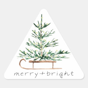 Pegatina Triangular Trineo de árbol de Navidad acuarela