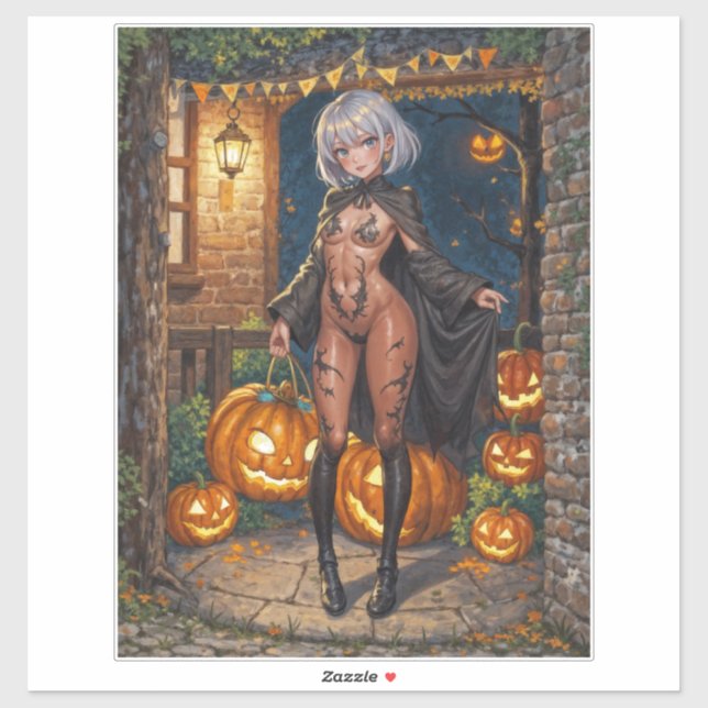 Pegatina Trick o Treater, valiente Chica de disfraces de Ha (Hoja)
