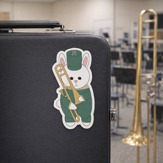 Pegatina Trombone Marching Band Rabbit Green and Gold (A sticker of a trombone holding bunny in green & gold marching band uniform.)
