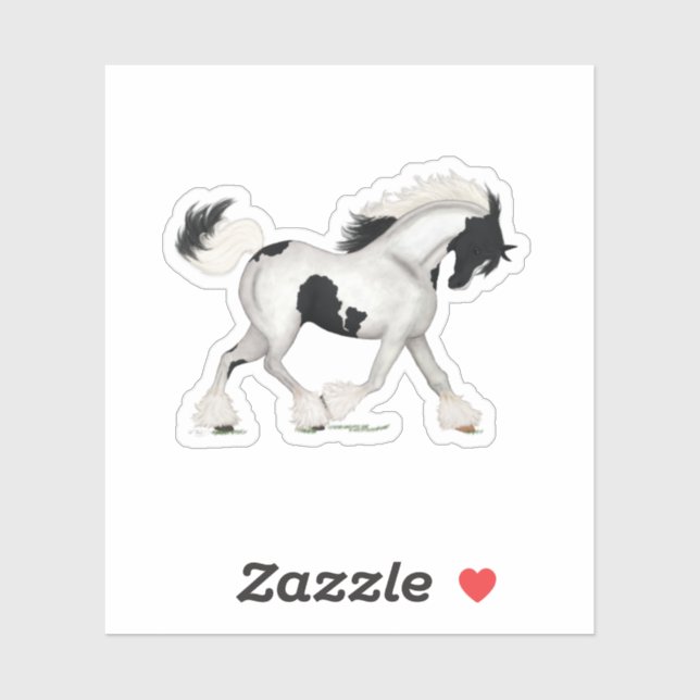 Pegatina Trotting Gypsy Horse Tobiano Pinto Piebald Pony (Hoja)