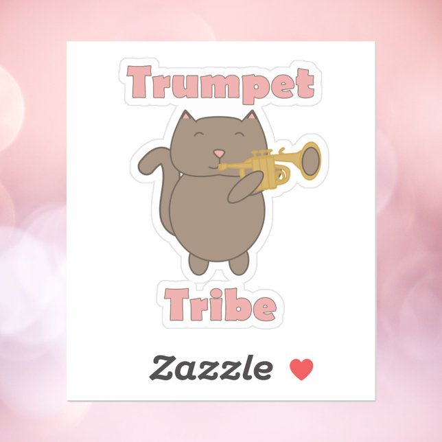 Pegatina Trumpet Tribe Cat Music (A sticker with a cute brown cat playing the trumpet and the words trumpet tribe in pink.)