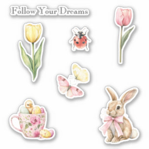 Pegatina Tulipanes Amarillos Rosados Mariposas Conejito Pol