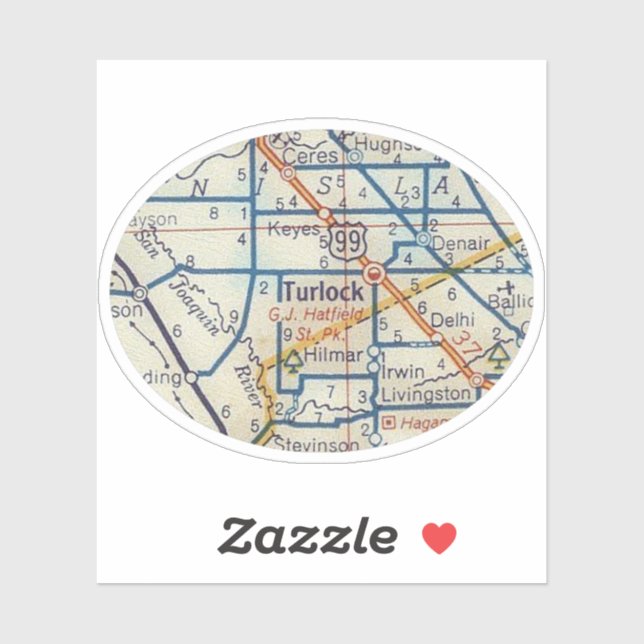 Pegatina Turlock CA Vintage Road Map (Hoja)