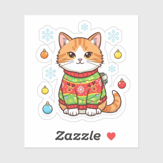Pegatina Ugly Sweater Cat — Funny Christmas Cat Sticker (Hoja)