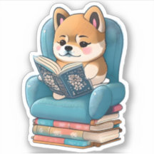 Un cachorro Akita leyendo un libro