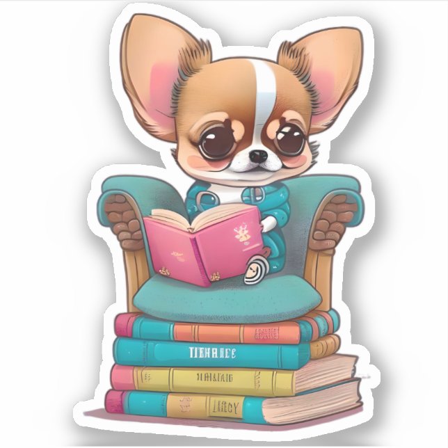 Pegatina Un cachorro de Chihuahua leyendo un libro (Anverso)