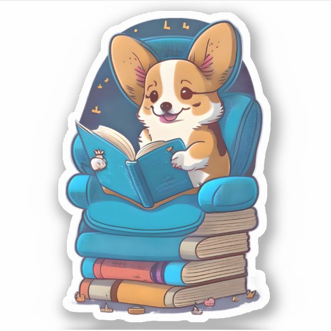 Pegatina Un cachorro de Corgi leyendo un libro (Anverso)