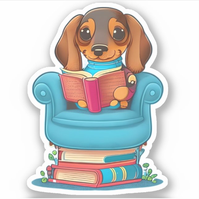 Pegatina Un cachorro de Dachsund leyendo un libro (Anverso)