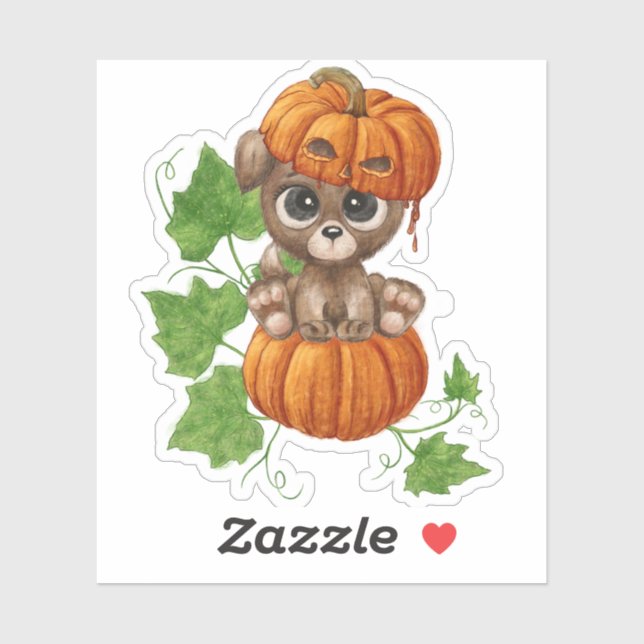 Pegatina Un cachorro lindo se sienta en una calabaza grande (Hoja)