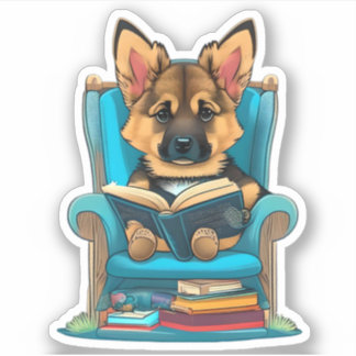 Pegatina Un cachorro pastor alemán leyendo un libro