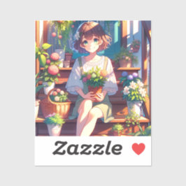 Pegatina Un Chica de anime lindo sostiene una planta
