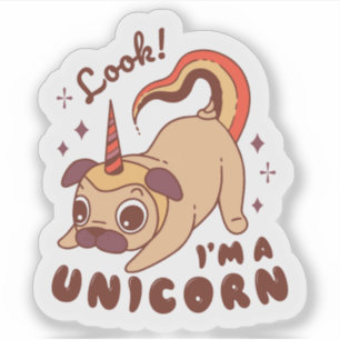 Pegatina Un divertido unicornio pug ¡Mira! soy un Unicornio