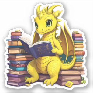 Pegatina Un dragón amarillo leyendo
